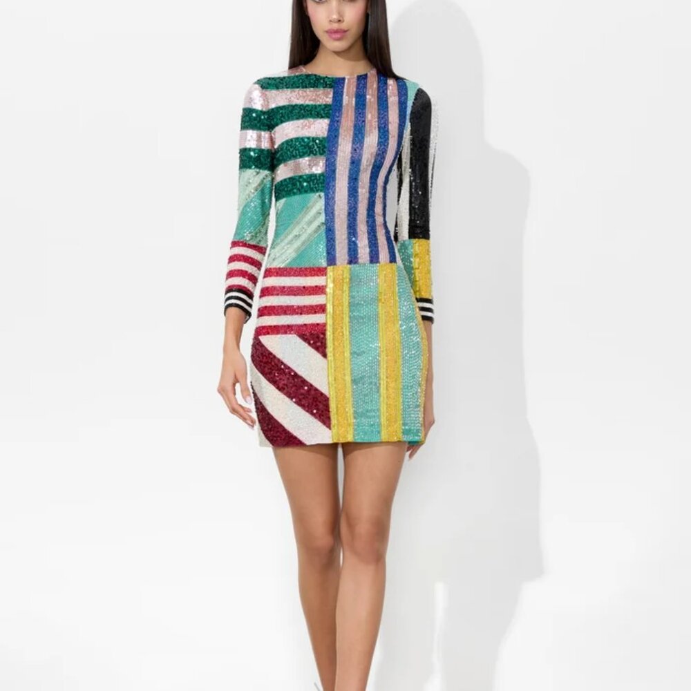 ALICE + OLIVIA Delora sequin and bead-embellished mini dress stripe Size 2